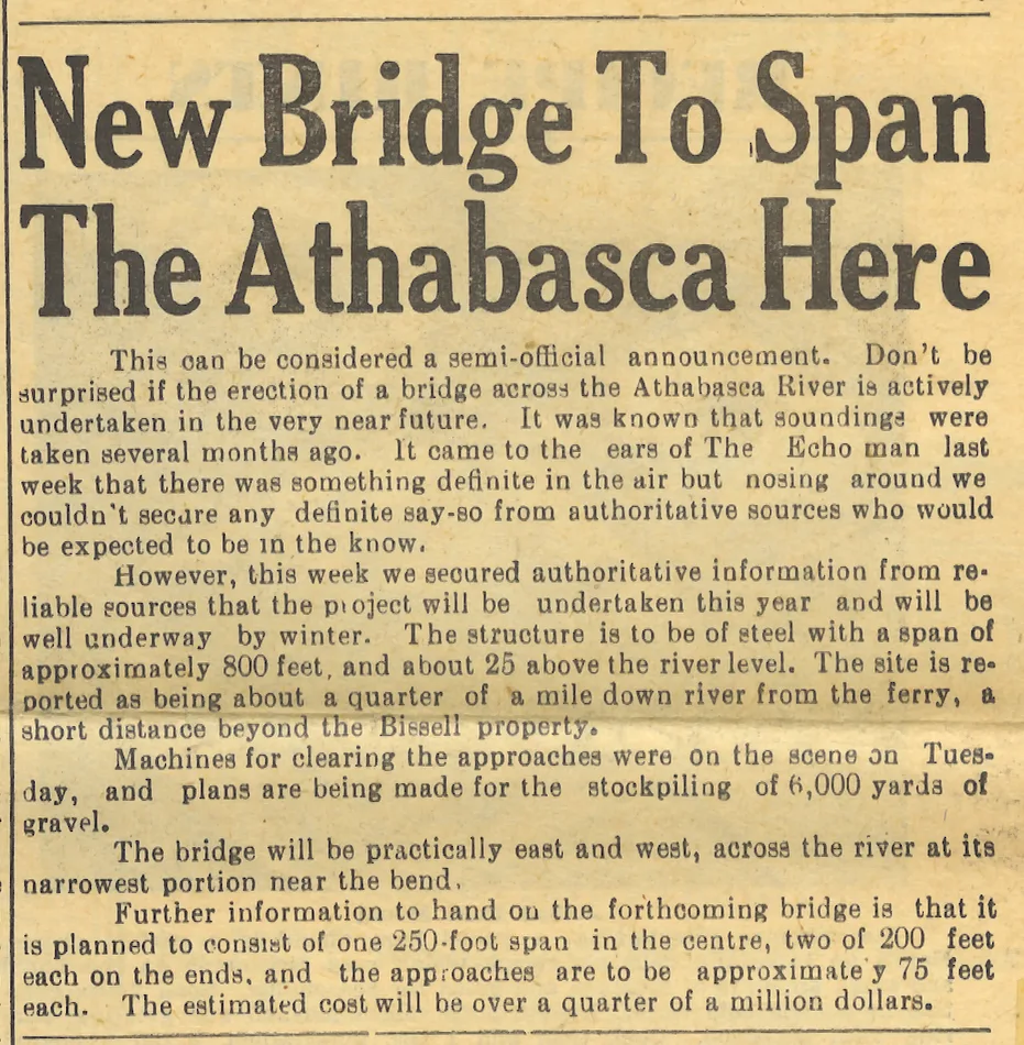 Colour photograph of an old, yellowed newspaper article announcing a bridge construction project.